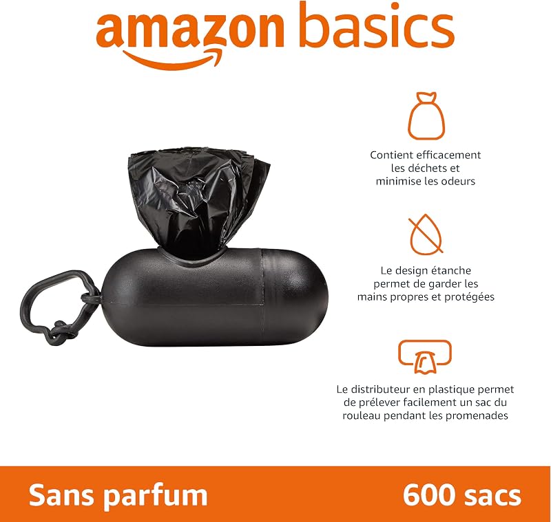 Lot de 600 sacs à déjections canines avec distributeur et clip pour laisse, non parfumés, 40 paquets de 15 sacs