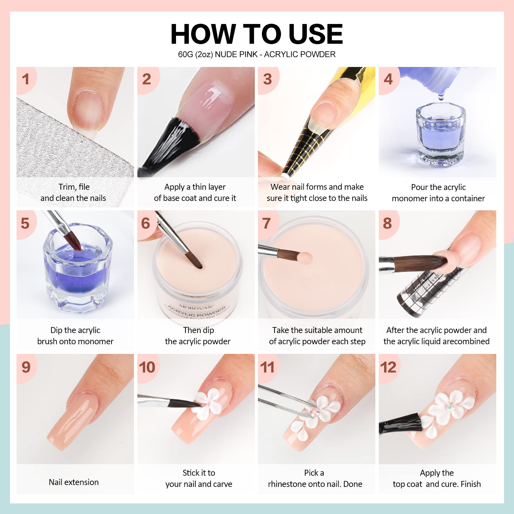 Morovan Acrylic Nail Powder Set: 4 Colors Clear Nude Pink White Acrylic Powder for Nail Extension Carving - Image 7