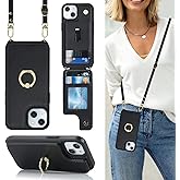 Lipvina for iPhone 14 Case with Card Holder and Strap for Women,Crossbody Lanyard,Ring Stand,Snap Clasp,Phone Wallet Cases 6.1 inch(Black)