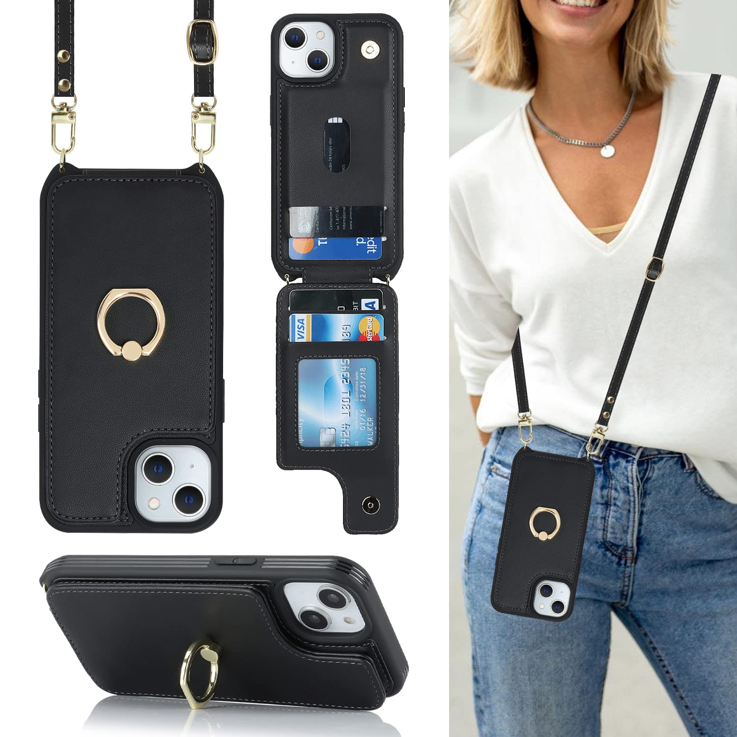 Lipvina for iPhone 15 Case with Card Holder and Strap for Women,Crossbody Lanyard,RFID Blocking,Ring Stand,Snap Clasp,Phone Wallet Cases 6.1 inch(Black)