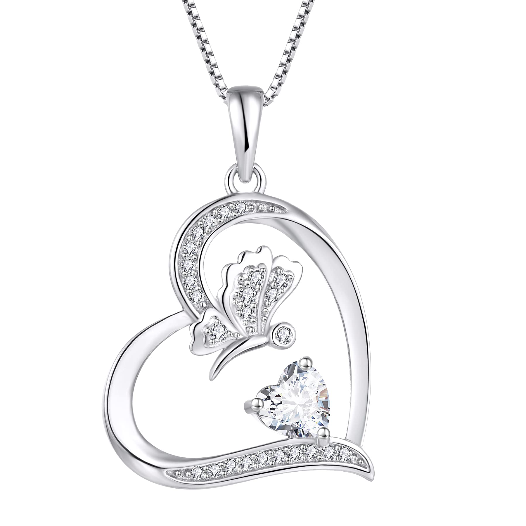 FJ Love Heart Butterfly Necklace 925 Sterling Silver April Birthstone Necklace Cubic Zirconia Pendant Jewellery for Women — image 1