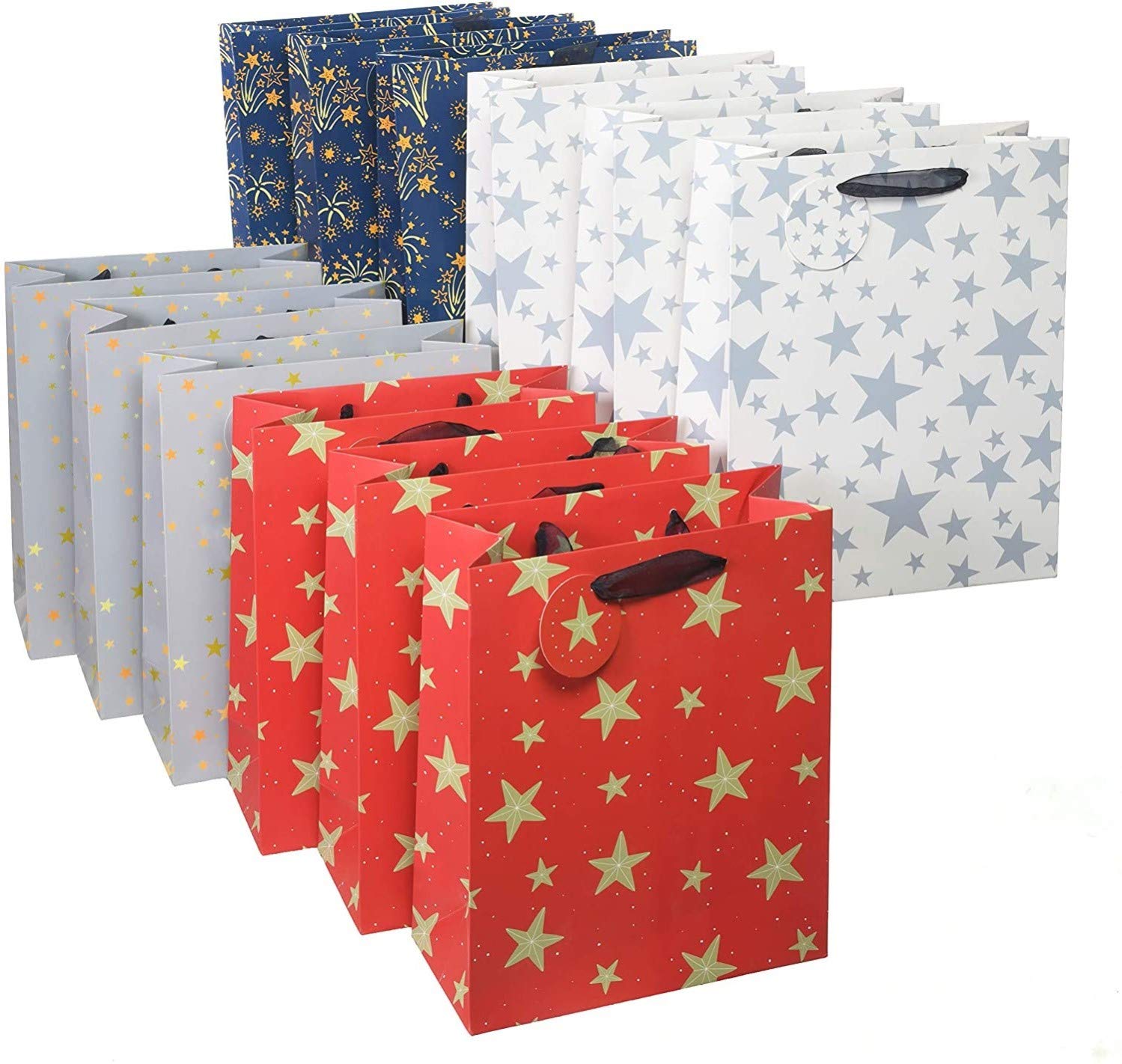 KAHEIGN 12Pcs Christmas Bags Gift Bags, 28CM x 22CM x 10CM Assorted Christmas Bag Gift Bag Xmas Party Bags - with Gauze Handle and 24Pcs Tags