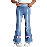 GORGLITTER Girl's Bow Denim Graphic Flare Leg Y2k Pants Elastic Waist Skinny Cute Trousers