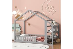 Aoowow Twin Size Floor Bed Twin House Bed Frame with Storage Shelves, Wooden Montessori Floor Bed Kids Playhouse with Fence for Boys Girls for Bedroom,Twin-Grey