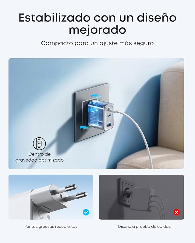 Nano Cargador USB C 70W con 3 Puertos Plegable GAN