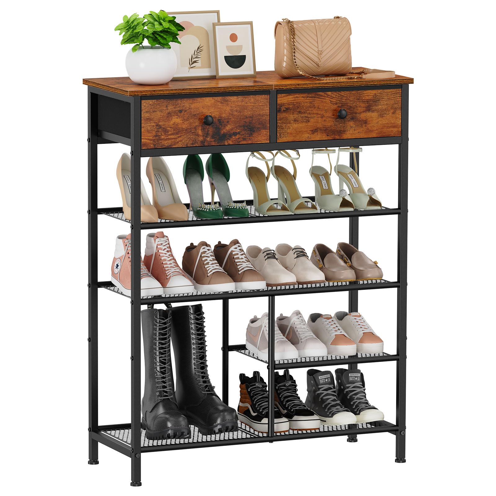 Photo 1 of Snughome Shoe Rack, 5 Tier Shoe Storage Organizer with 2 Drawers, Shoe Storage Shelves with Sturdy Wooden Top and Metal Shelves, Free Standing Shoe Rack for Entryway Closet