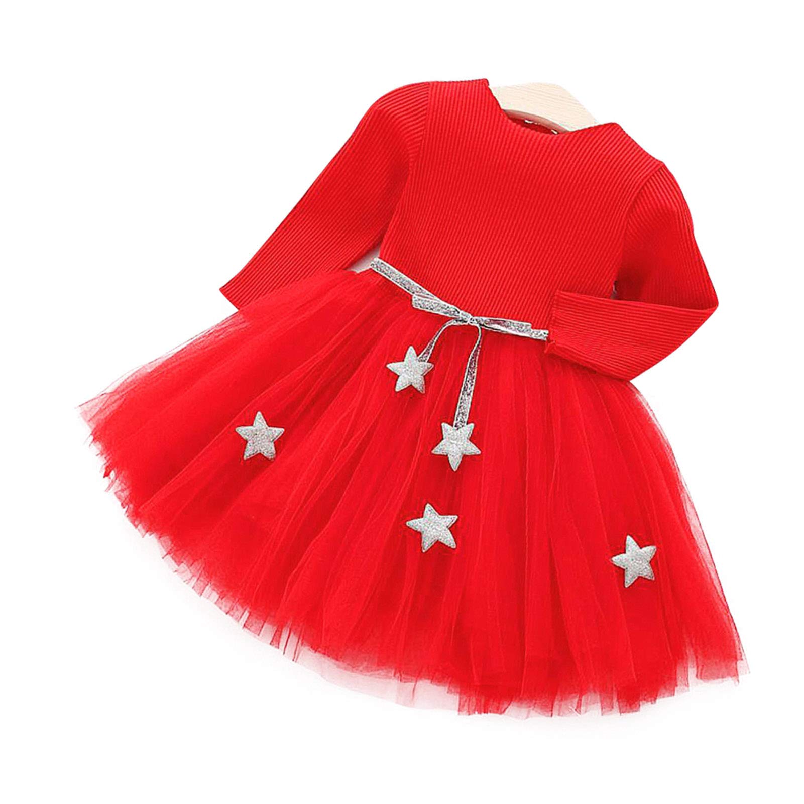 Baby Girls Birthday Dress Long Sleeve Knitted Tutu Dress Tulle Dress with Star Waistband Photo Props for Kids(80-Red) Dresses