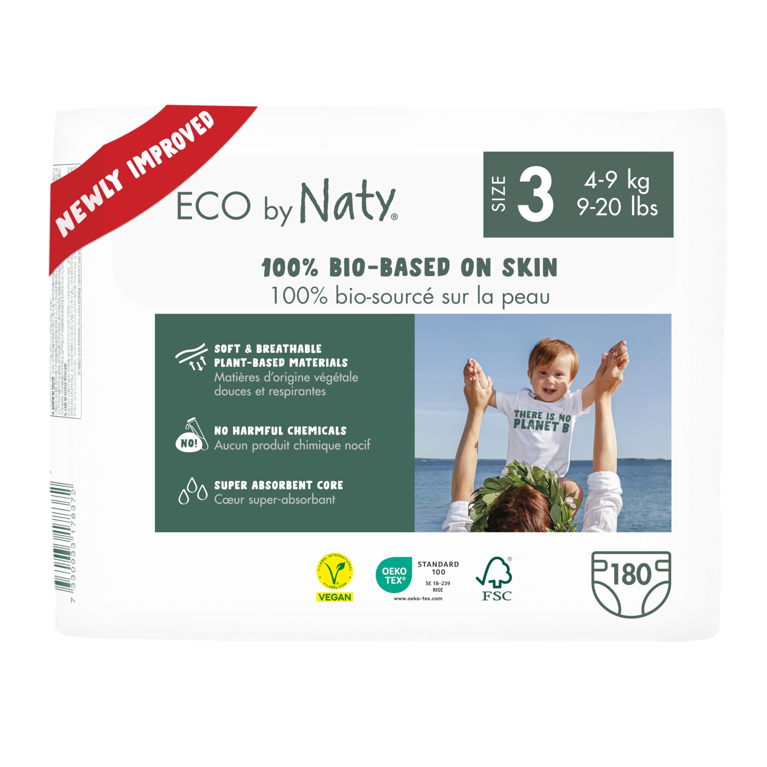 Naty Baby Nappies - 100% Plant-Based Materials on Skin, Soft, for Sensitive Skin & Super Absorbent (Size 3, 180 Count)