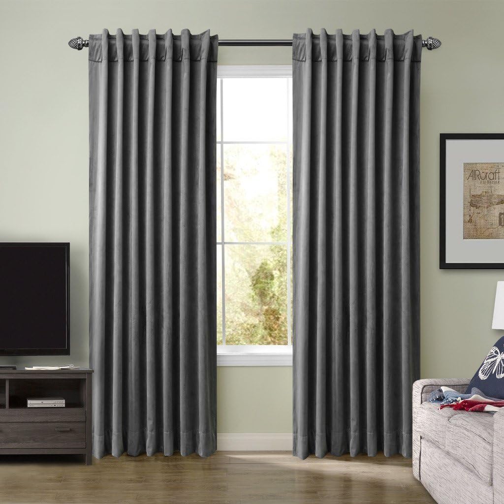 SeeSaw Home Super Soft Premium Solid Matt Velvet Thermal Insulated Rod Pocket 2 IN 1 Heading Curtains for Bedroom or Living Room, 50W By 96L Inch, Set of 2 Panels, Grey
