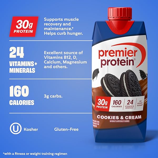PREMIER PROTEIN SHAKE, COOKIES & CREAM, 30G PROTEIN, NO ADDED SUGAR, 24 VITAMINS & MINERALS TO SUPPORT IMMUNE HEALTH, 11 FL OZ, 4 PACK