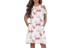 Arshiner Girls Summer Dress Short Sleeve Cold Shoulder Solid Color Swing Casual Dresses with Pockets