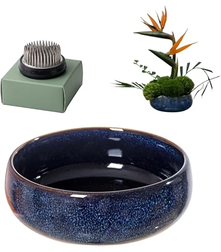 Amazon.com: 日本古典插花花瓶組,極簡陶瓷花盆淺容器,附2.4 英吋(約6.1