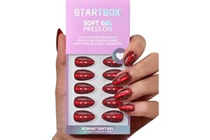 BTArtbox Press On Nails Short - New Red, Sparkle Deep Red Almond Christmas Press On Nails with Glue and Adhesive Tabs for Women in 16 Sizes - 32 Soft Gel Glue On Nails Kit