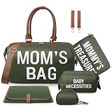 printe 6pcs Large Diaper Bag Tote with Changing Pad & 2 Organized Pouches, Mom's Bag for Hospital with Pacifier Case, Straps, Stroller Hook, Baby Diaper Bag for Weekender Travel, Olive Green