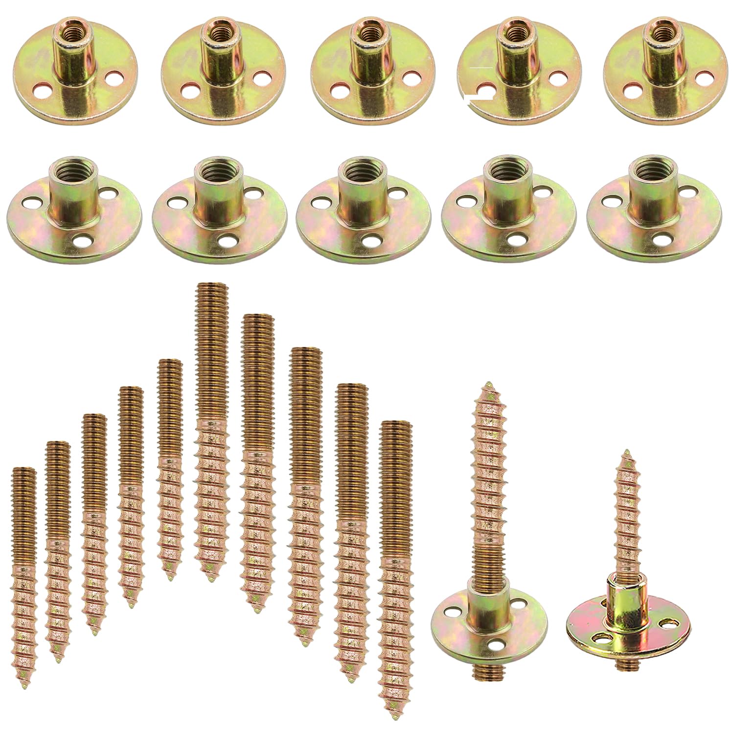 20 Pcs (10 Sets) M8/M6 Brad Hole Tee Nut with Hanger Bolts Set, Carbon Steel Brad Hole T Nut, Zinc Plated Round Base Flange Insert Female Thread Screw-in Furniture Hardware