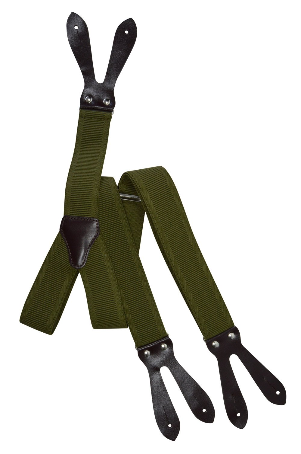 Olata Button-Down Formal Dress Suspenders/Braces with Dark Brown Leather, 3.5cm - Olive Green