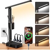 Desk Lamp with Power Strip10FT, 3 AC Outlets, 4 USB Ports, Stepless Dimming | 2800K-6500K Color, 2 USB-C, 10FT Cord, Foldable Design, Timer &amp; Memory, Study, Home Office &amp; College Dorm