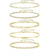 iF YOU Gold Ankle Bracelets for Women, 14k Gold Plated Waterproof Cuban Link Chain Anklets Set, Layered Anklet Bracelets for Women Beach Gift Adjustable Size 5pc