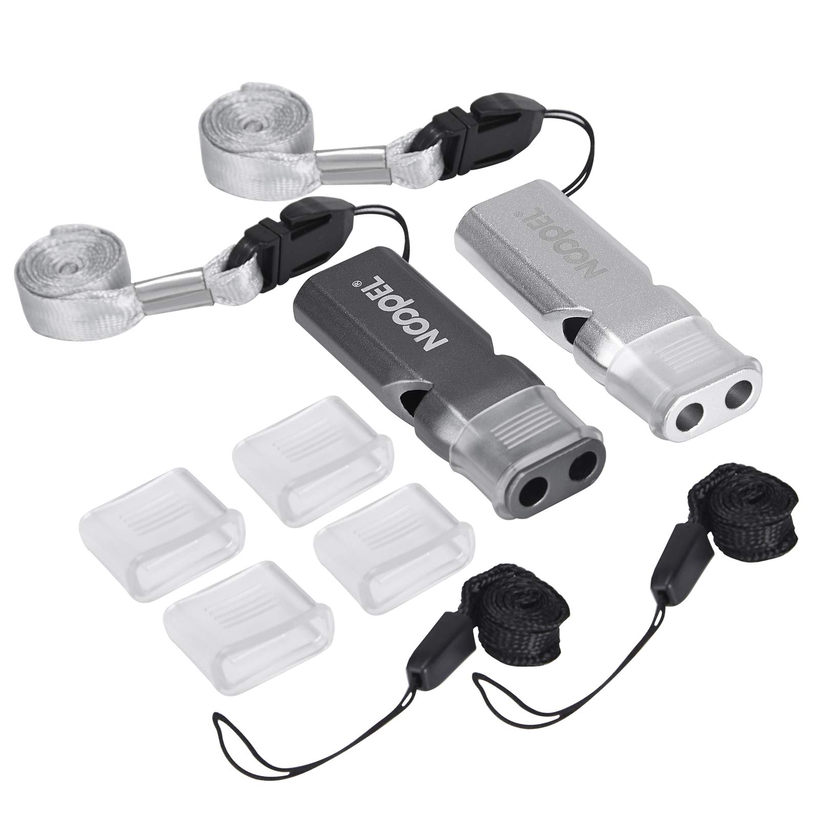 Noopel Coach whistle with Lanyard and Mouth Grip, 2 Pack Emergency Whistles, Loud for Referees Sports Officials Hiking Outdoor Camping Boating Hunting Survival Rescue (Gray+Silver)