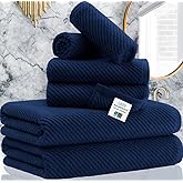 VOOVA & MOVAS Bath Towels - 100% Cotton | Quick Dry | Light Weight | Thick | Soft, Towel Set of 6, 2 Large Bath 30"x56", 2 Hand 18"x28", 2 Washcloths 13"x13", Quick Dry Towel for Shower, Navy Blue