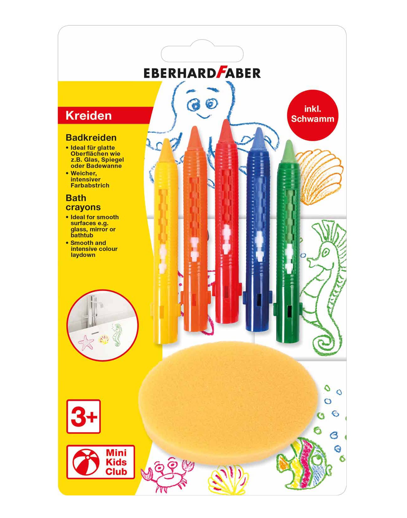 Eberhard Faber 524105 Bathroom Chalk for Painting on Tiles and Mirrors, Set of 5 with Sponge, Colourful