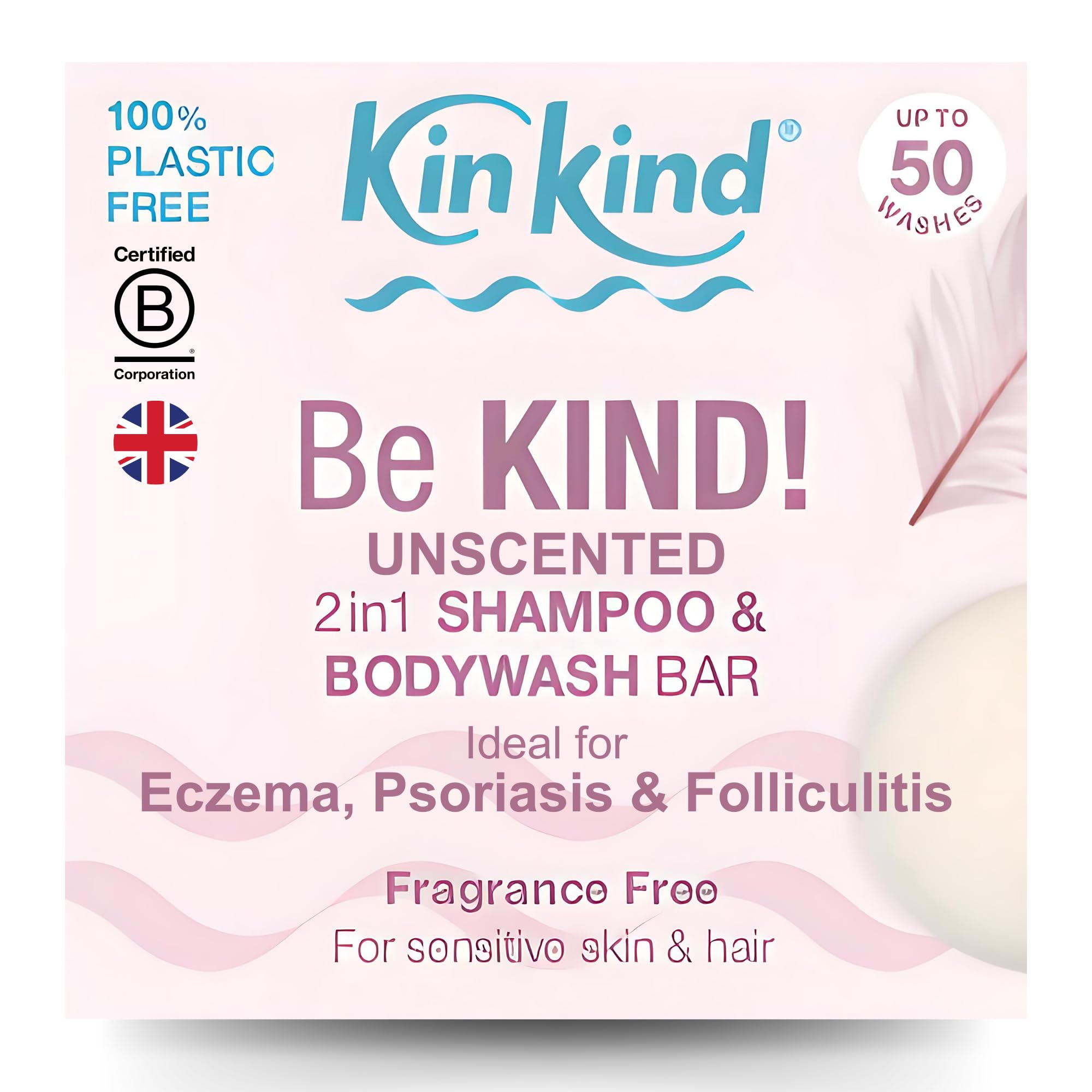 KinKind Fragrance Free Natural Shampoo Bar. Be KIND! Dry Scalp Shampoo. Ideal Unscented Kids Shampoo. For Eczema, Itchy Scalp, Psoriasis & Folliculitis. Coconut Oil & Gentle Foaming Cleanser. UK made.