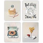 heilkee Vintage Kitchen Wall Art Music Decor Funny Food Paintings Disco Ball Pictures Pancakes Martini Prints Set of 4(UNFRAMED 8x10in)
