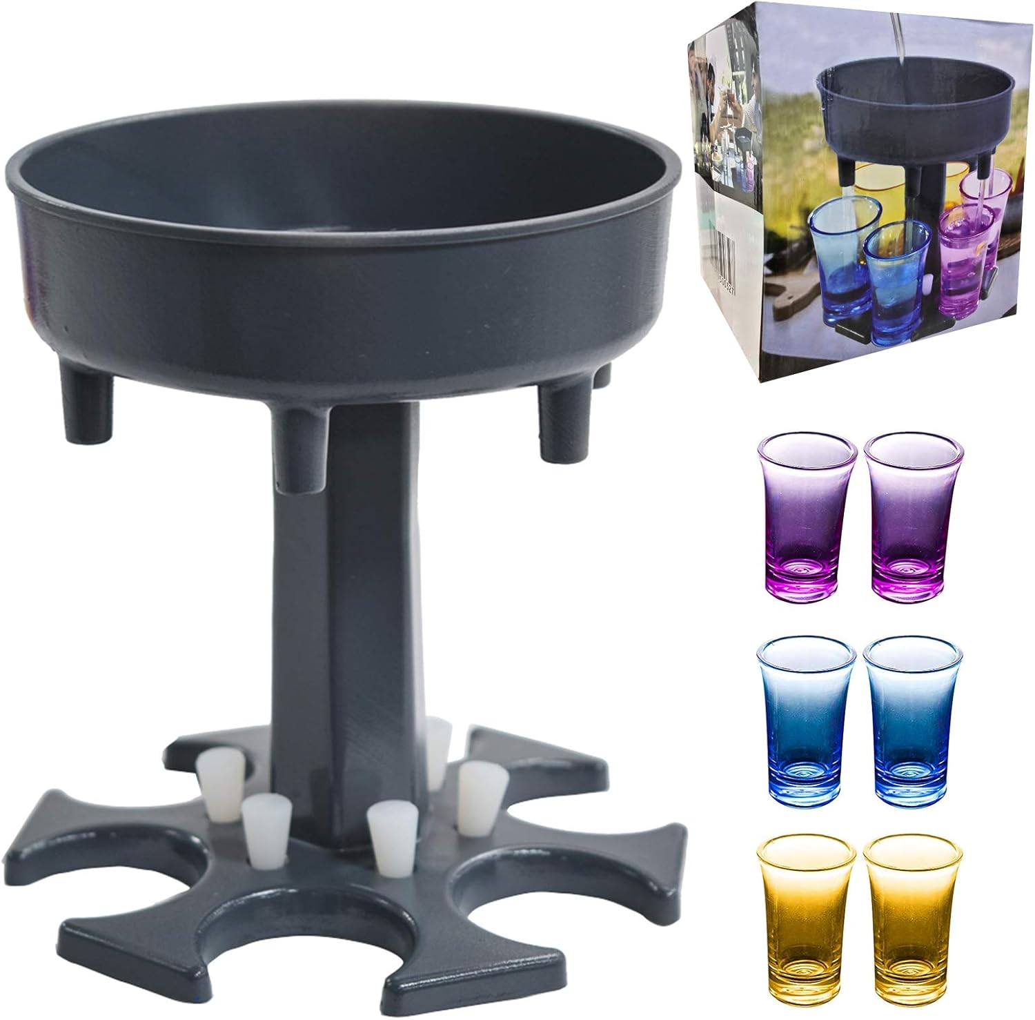 6 Shot Glass Dispenser and Holder with 6 Pcs 1.2oz Acrylic Cup, Drinking Games Wine Dispenser for Bar Cocktail, Dispenser for Filling Liquids Blue Dispenser With Slogan (Black)