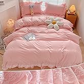 MOOWOO Chic Ruffle Lace Polyester Duvet Cover Set -Girl Pink Bedding-2 Piece Twin Duvet Cover with Zipper Closure -Ultra Soft and Light Weight (Pink, Twin)-NO Including Comforter