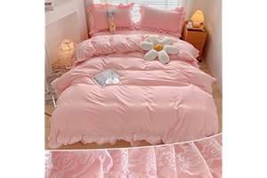 MOOWOO Chic Ruffle Lace Polyester Duvet Cover Set -Girl Pink Bedding-3 Piece Queen Duvet Cover with Zipper Closure -Ultra Soft and Light Weight (Pink, Queen)