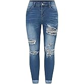 THUNDER STAR Womens Stretch Ripped Cropped Jeans Mid Rise Distressed Casual Denim Pants
