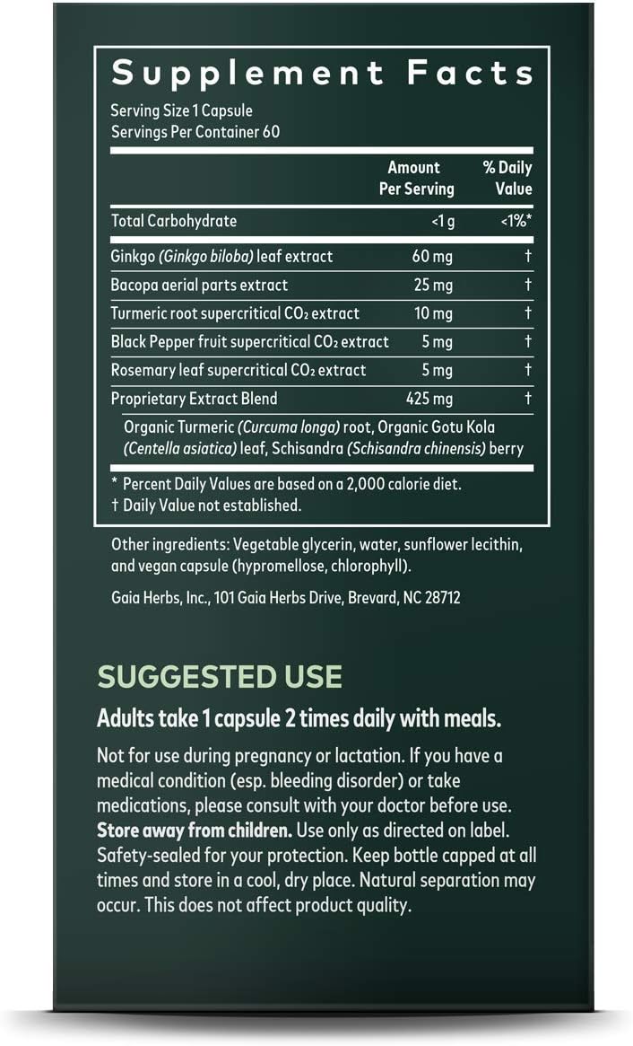 Gaia Herbs, Agile Mind, Brain & Cognitive Support, Turmeric, Bacopa, Ginkgo, Vegan Liquid Capsules, 60Count: Health & Personal Care