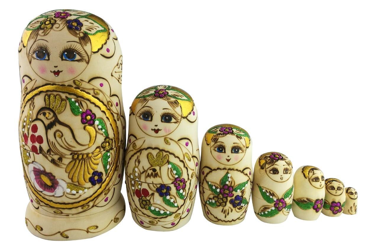 Winterworm Set 7 Pcs Girl with Bild Wooden Stacking Toy Toddler Doll Traditional Russian Nesting Doll Souvenir Handmade Matryoshka Dolls for Kids Gift