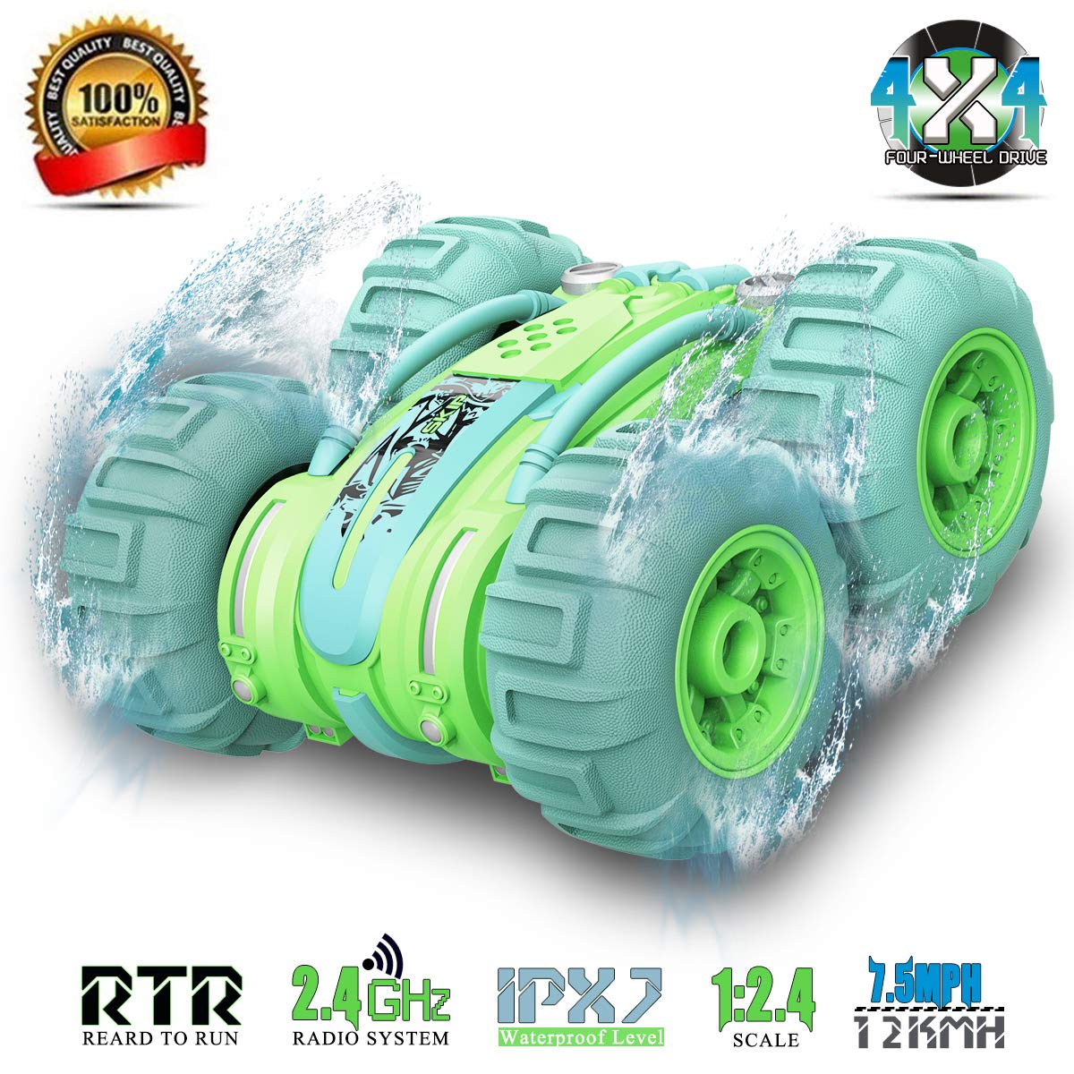 Waterproof RC Remote Control Stunt Car, 2.4Ghz 4WD RC Car Remote Control Truck 360 Degree Spinning and Flips Racing Car Toys for Kids Christmas Birthday Gift (Green)
