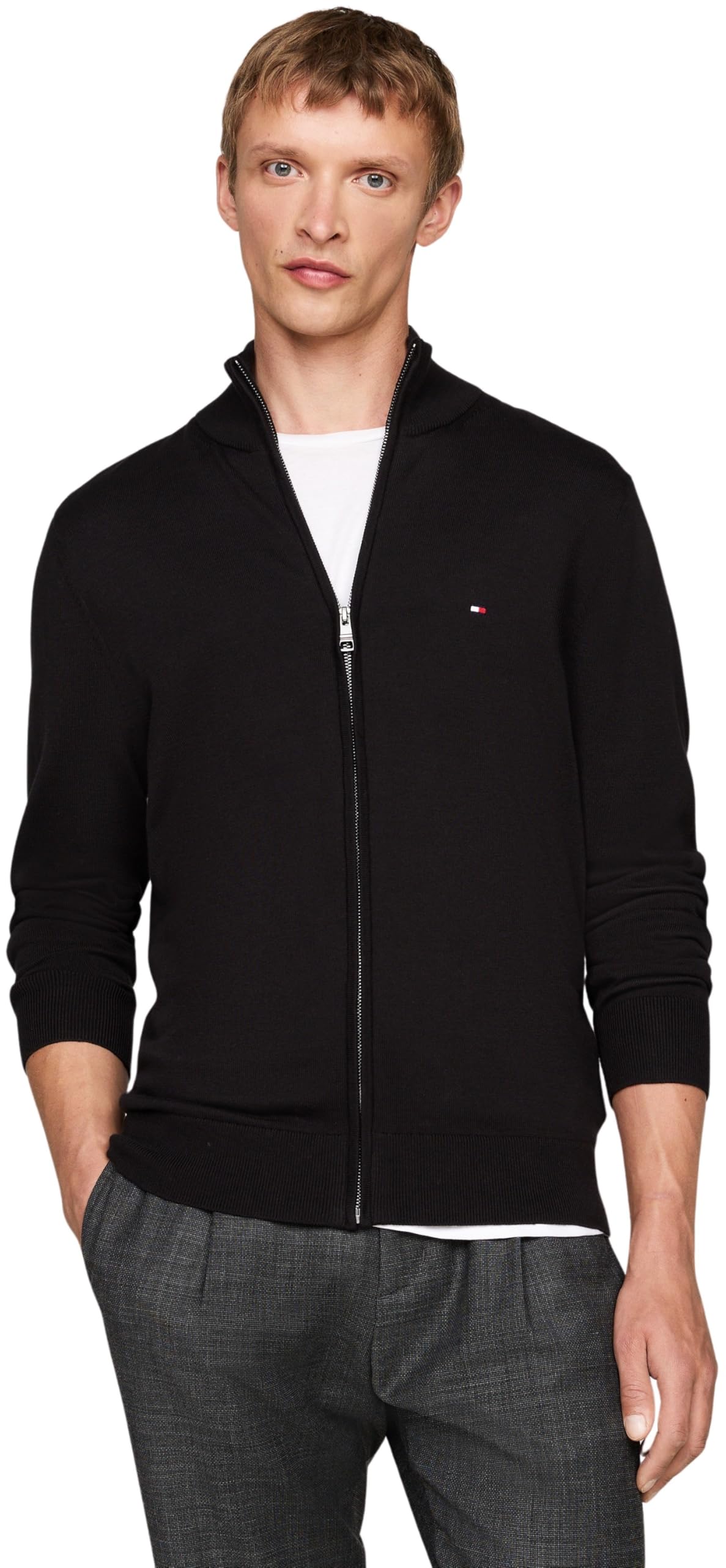 Tommy Hilfiger Herren Pullover mit Reißverschluss Essential Cotton Zip Thru Stehkragen, Schwarz (Black), L