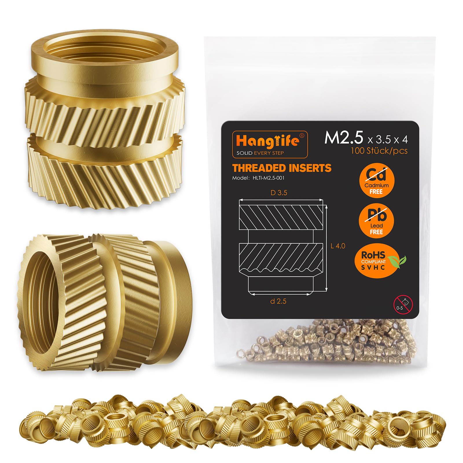 HANGLIFE Threaded Inserts for Plastic, M2.5 Heat Set Insert for 3D Printing Components and Plastic Parts - Brass Metric Knurled Nuts (100 Pieces) — image 1