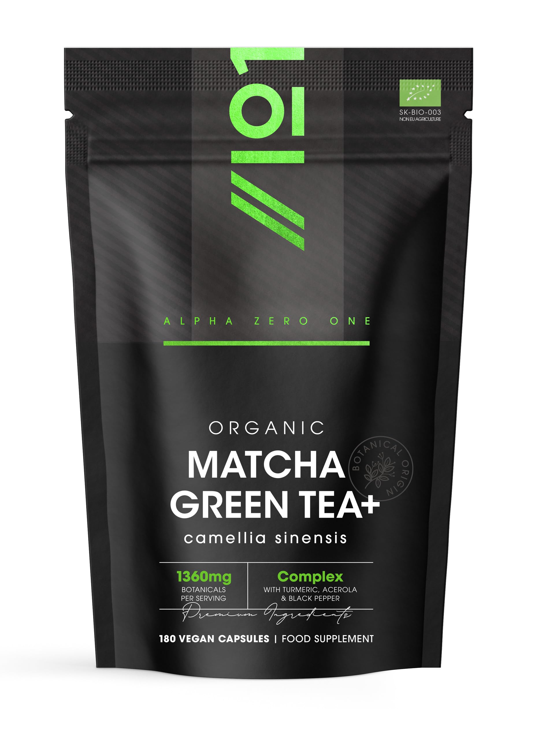 Organic Matcha Green Tea Extract 1360mg - 180 Vegan Capsules - Boosted with Turmeric, Acerola & Black Pepper – Resealable and Recyclable Pouch by Alpha01