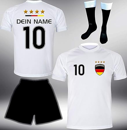 ElevenSports Deutschland Trikot Set 2018 mit Hose & Stutzen GRATIS Wunschname + Nummer im EM WM Weiss Typ #DE1ths - Geschenke