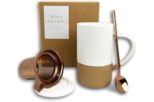 MORA CERAMICS HIT PAUSE Mora 12oz Ceramic Tea Cup with Infuser, Spoon, Lid - Microwave & Dishwasher Safe