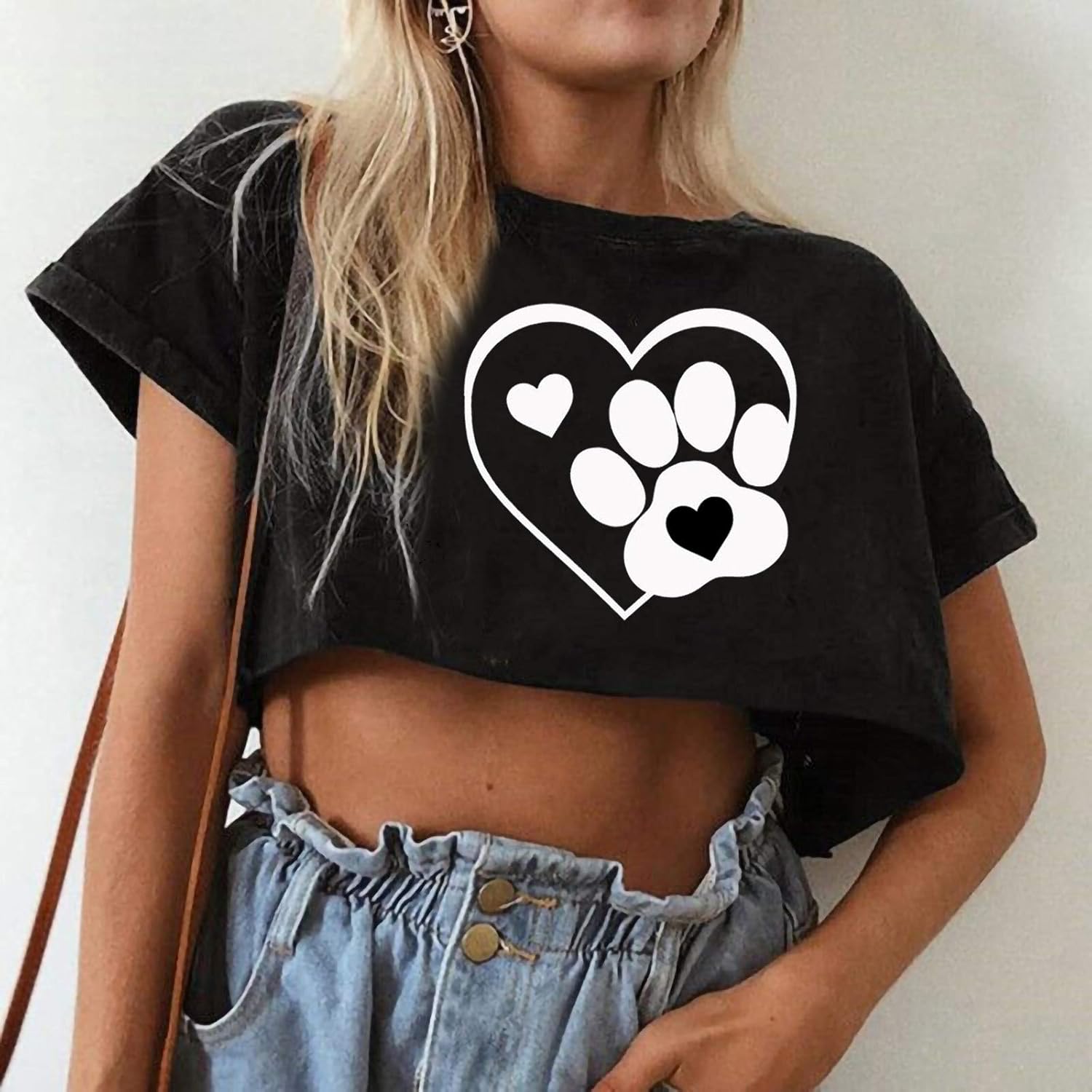 Amazon Tシャツ レディーストップス ハイウエスト 半袖 Yokino 猫の肉球ハートロゴ プリント ファッション シンプル 韓国風 通勤 ストリート系 ダンス衣装 ヒップホップ へそ出し ショート丈 セクシー 森ガール プレゼント カジュアルtシャツ Tシャツ カットソー 通販