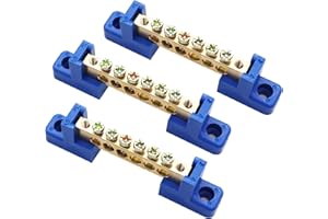 Tnuocke 3pcs Grounding Bus Bar,Terminal Bus Bar Terminal Block Brass Wire Screw Terminal,Single Row 6 Positions Grounding Strip Bus Bar Block Blue H-078-6K