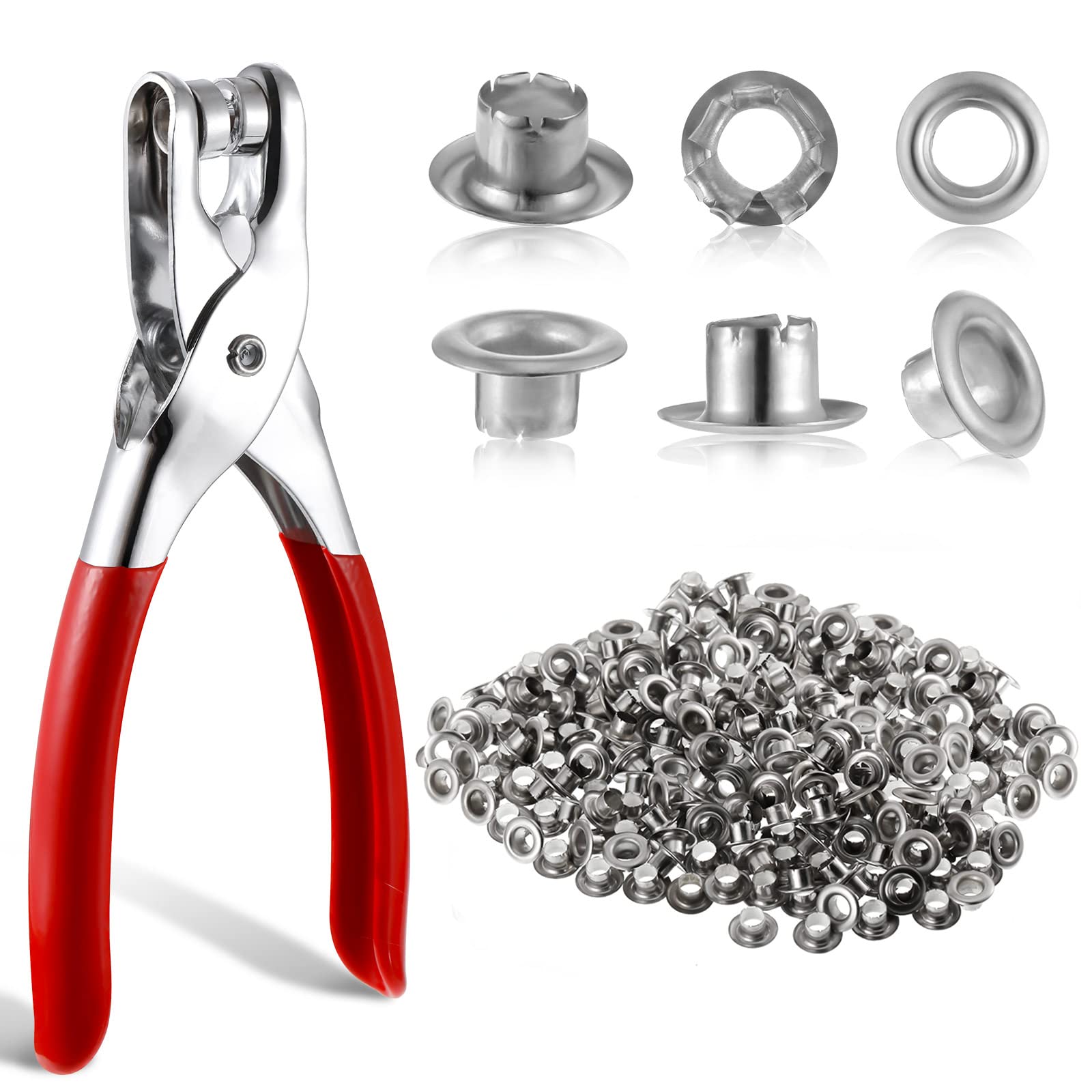 Grommet Eyelet Pliers Set, 1/4 inch Grommet Tools Kit Metal Eyelets Tool with 300 Metal Eyelets, Eyelet Tool Kit for Belts/Leather/Shoes/Workbooks/Apparel (Silver)
