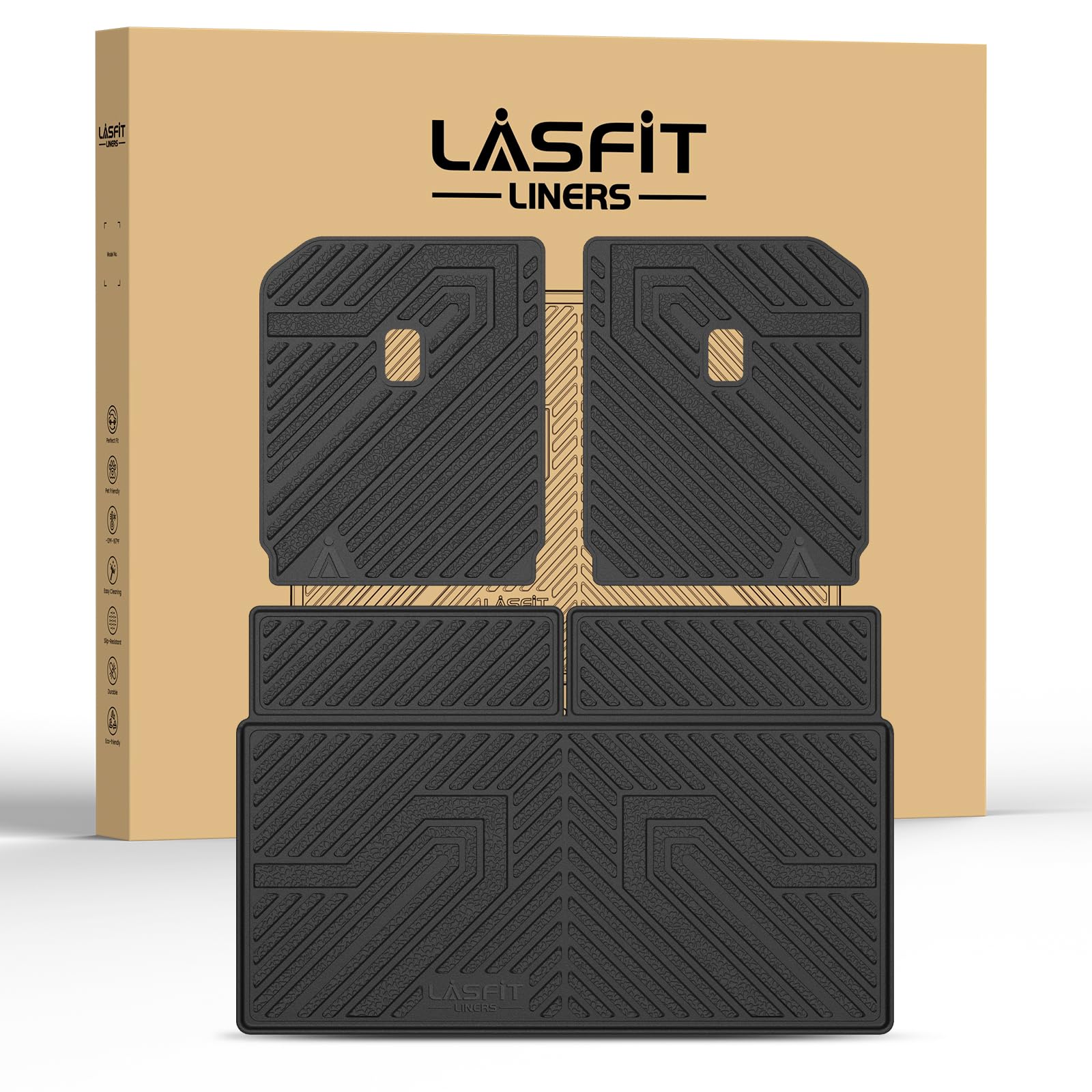 LASFIT Trunk Mat & Backrest Mats for Rivian R1S 2025 2024 2023 2022, All Weather TPE Custom Fit Cargo Liner for R1S Cargo Mat, Black, Easy to Clean Image