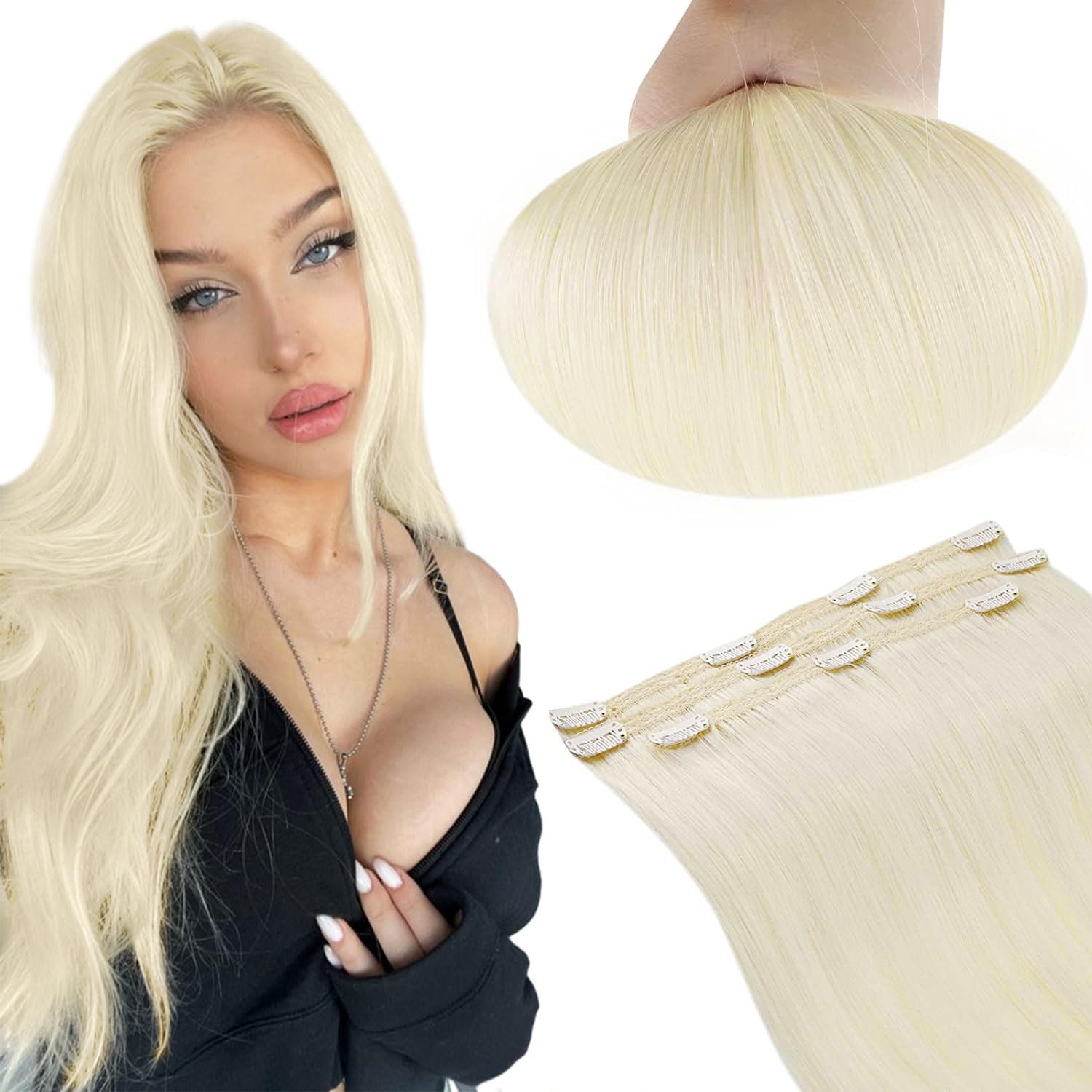 RUNATURE Blonde Clip in Human Hair Extensions - Platinum Blonde Real Hair 14 Inch 50g 3pcs — image 1