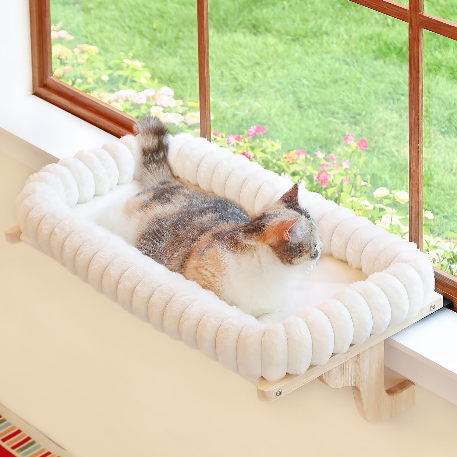 Photo 1 of Zakkart SnugCloud Cat Window Perch with 4-Sided Bolster - Orthopedic Cat Hammock for Window Sill - Solid Hardwood & Metal Frame - Window Seat for Pets (Natural Color Wood w/White Bed, Medium)