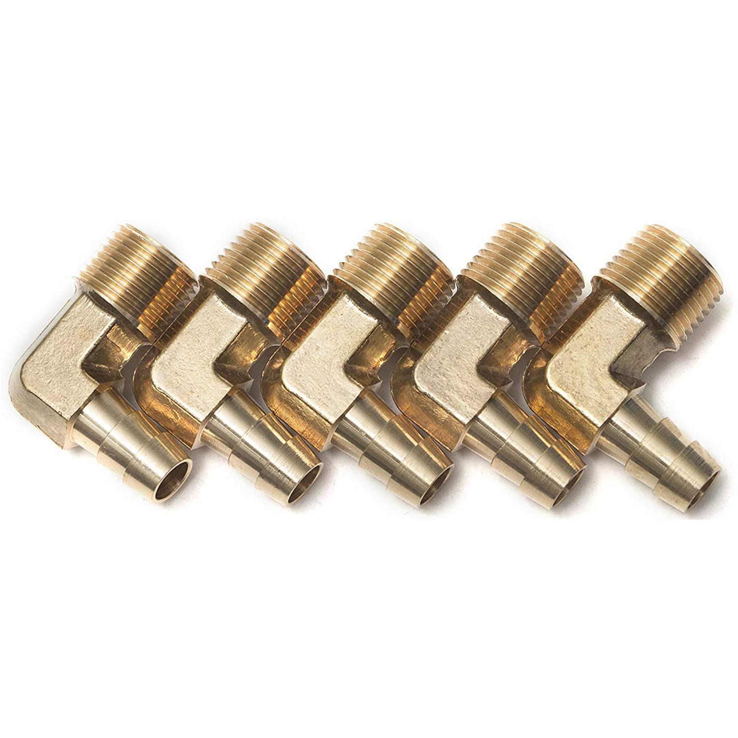 LTWFITTING 90 Deg Elbow Brass Barb Fitting 3/8-Inch Male BSPT x 10mm ID Hose(Pack of 5)