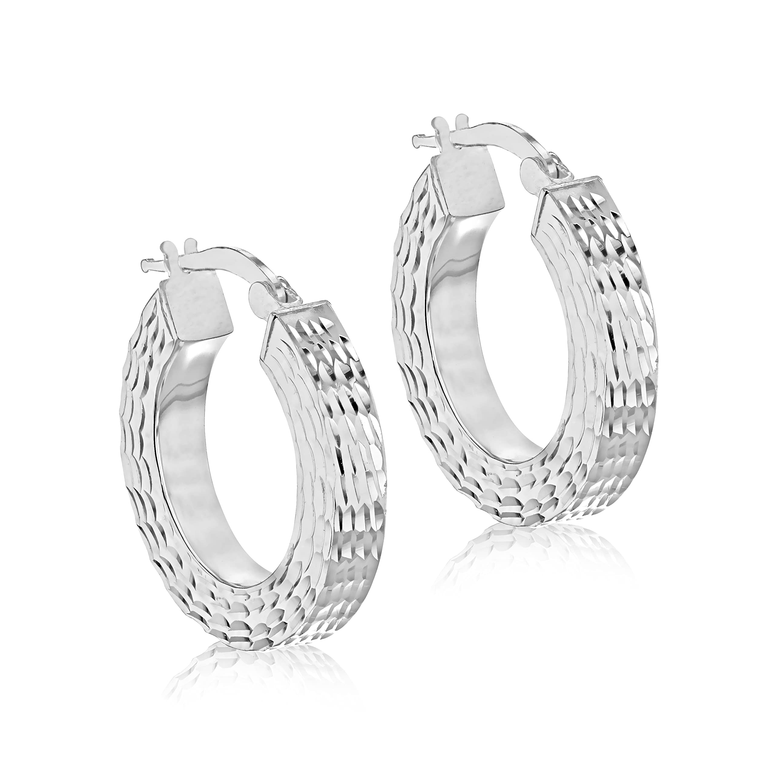 Tuscany Silver Women's Sterling Silver Patterned Square Tube Hoop Earrings