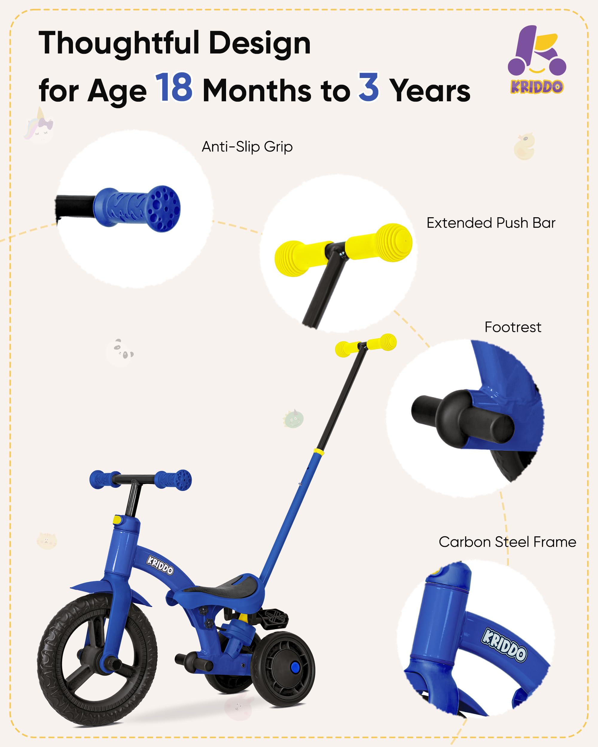 KRIDDO 4-in-1 Kids Tricycle for 1.5 to 3 Yea Old with Parent Steering Push Handle, 12 Inch Front Wheel Trike, Toddler Balance Bike for Boys Girls 18 Months to 3 Years, Adjustable Height, Blue