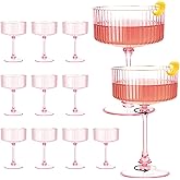 SDBALLBZ Plastic Martini Glasses, Detachable Coupe Glasses, Ribbed Vintage Cocktail Glass with Gold Rim, Unbreakable Reusable BPA-free Stemware for Wedding Anniversary (12pcs, Pink)