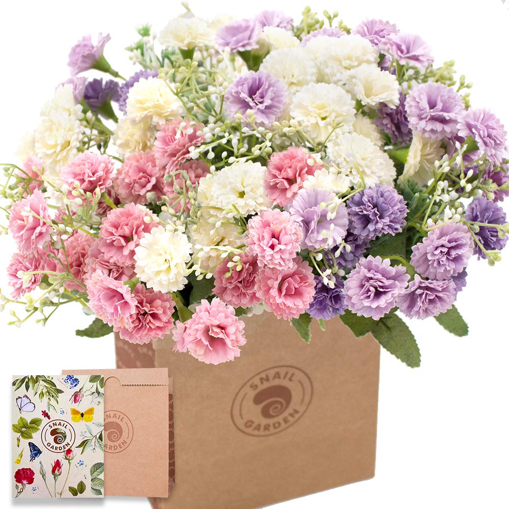 SNAIL GARDEN Artificial Carnations Flowers,60 Heads 3 Bundles Silk Realistic Mini Chrysanthemum Bouquet,with Greeting Card & Brown Paper Bag for Home Office Table Decoration Gift(White/Pink/Purple)
